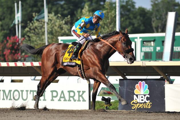 MONMOUTH, NJ - AUGUST 2:  Triple Crown Winner American Pharoah ridden by Victor Espinoza wins The William Hill Haskell Invitational at Monmouth Park  on August 2, 2015 in Monmouth, New Jersey.  (Photo by Horsephotos/Getty Images)