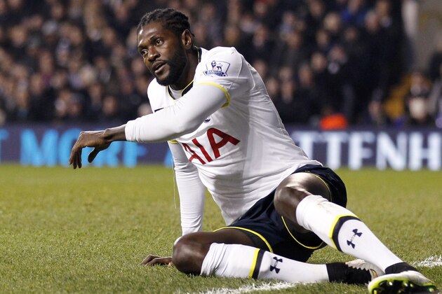 Tottenham Hotspur's Togolese striker Emmanuel Adebayor reacts during the FA Cup fourth round football match between Tottenham Hotspur and Leicester City at White Hart Lane in London, on January 24, 2015. AFP PHOTO / IAN KINGTON
 == RESTRICTED TO EDITORIAL USE. No use with unauthorized audio, video, data, fixture lists, club/league logos or live services. Online in-match use limited to 45 images, no video emulation. No use in betting, games or single club/league/player publications.  ==        (Photo credit should read IAN KINGTON/AFP/Getty Images)