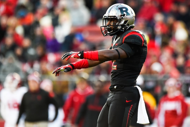 PISCATAWAY, NJ - NOVEMBER 15:  Nadir Barnwell #12 of the Rutgers Scarlet Knights celebrates a stop in the first half during a game against the Indiana Hoosiers at High Point Solutions Stadium on November 15, 2014 in Piscataway, New Jersey.  (Photo by Alex Goodlett/Getty Images)