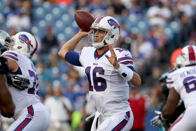 Aug 14, 2015; Orchard Park, NY, USA; Buffalo Bills quarterback Matt Cassel (16) looks to make a pass attempt during the first quarter against the Carolina Panthers in a preseason NFL football game at Ralph Wilson Stadium. Mandatory Credit: Timothy T. Ludwig-USA TODAY Sports