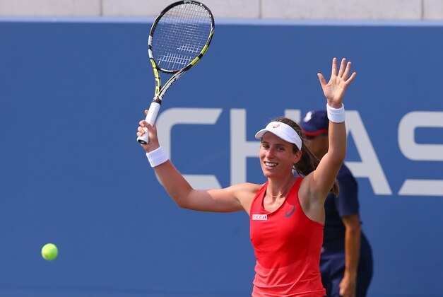 Sep 3, 2015; New York, NY, USA; Johanna Konta of Great Britain celebrates after defeating Garbine Muguruza of Spain on day four of the 2015 U.S. Open tennis tournament at USTA Billie Jean King National Tennis Center. Mandatory Credit: Jerry Lai-USA TODAY Sports