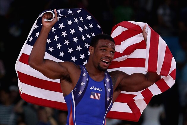 LONDON, ENGLAND - AUGUST 10:  Jordan Ernest Burroughs of the United States celebrates his gold medal in the Men's Freestyle 74 kg Wrestling on Day 14 of the London 2012 Olympic Games at ExCeL on August 10, 2012 in London, England.  (Photo by Feng Li/Getty Images)