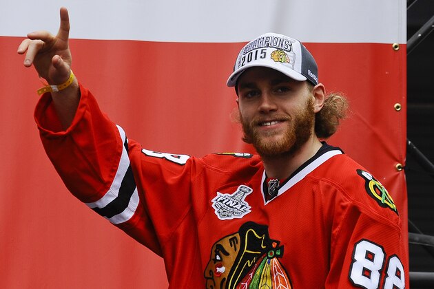 Jun 18, 2015; Chicago, IL, USA; Chicago Blackhawks right wing Patrick Kane (88) signals to fans during the 2015 Stanley Cup championship rally at Soldier Field. Mandatory Credit: Matt Marton-USA TODAY Sports