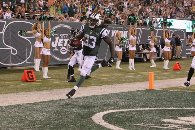 EAST RUTHERFORD, NJ - AUGUST 21: Running Back Chris Ivory #33 of the New York Jets has a Touchdown against the Atlanta Falcons at MetLife Stadium on August 21, 2015 in East Rutherford, New Jersey. (Photo by Al Pereira/Getty Images for New York Jets)