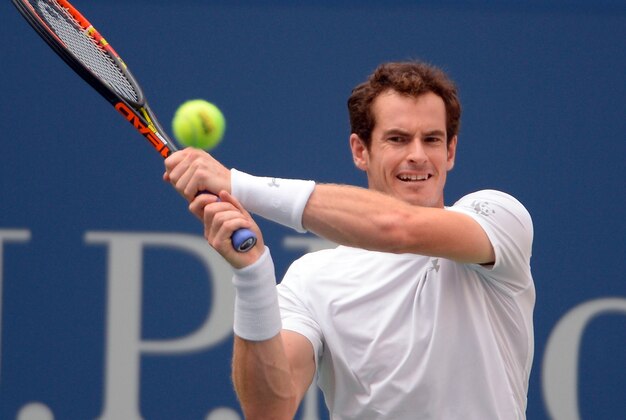 Sep 3, 2015; New York, NY, USA; Andy Murray  of Great Britain  hits to Adrian Mannarino of France on day four of the 2015 U.S. Open tennis tournament at USTA Billie Jean King National Tennis Center. Mandatory Credit: Robert Deutsch-USA TODAY Sports