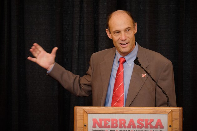 LINCOLN, NE - DECEMBER 5:  Mike Riley, newly hired head football coach at the University of Nebraska, talks with members of the media during a press conference inside Memorial Stadium December 5, 2014 in Lincoln, Nebraska.   (Photo by Eric Francis/Getty Images)