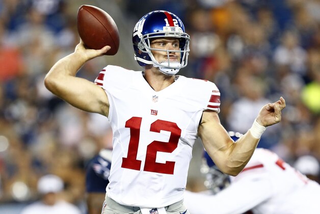 Sep 3, 2015; Foxborough, MA, USA; New York Giants quarterback Ryan Nassib (12) throws the ball against the New England Patriots during the first half at Gillette Stadium. Mandatory Credit: Mark L. Baer-USA TODAY Sports