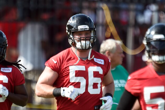 Aug 1, 2015; Atlanta, GA, USA; Atlanta Falcons linebacker Brooks Reed (56) runs warm up sprints on the field during training camp at the Flowery Branch Training Facility. Mandatory Credit: Dale Zanine-USA TODAY Sports