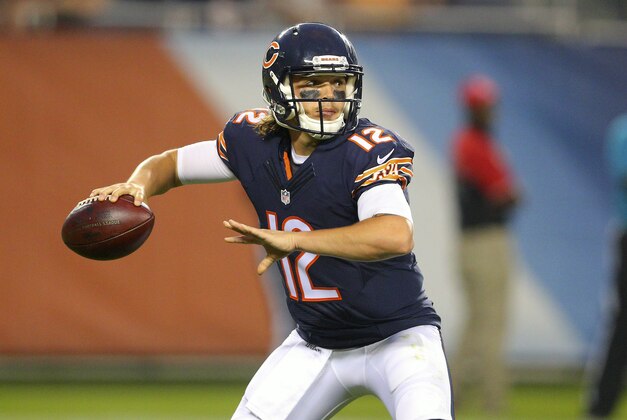 Sep 3, 2015; Chicago, IL, USA; Chicago Bears quarterback David Fales (12) throws a pass during the first quarter against the Cleveland Browns at Soldier Field. Mandatory Credit: Dennis Wierzbicki-USA TODAY Sports