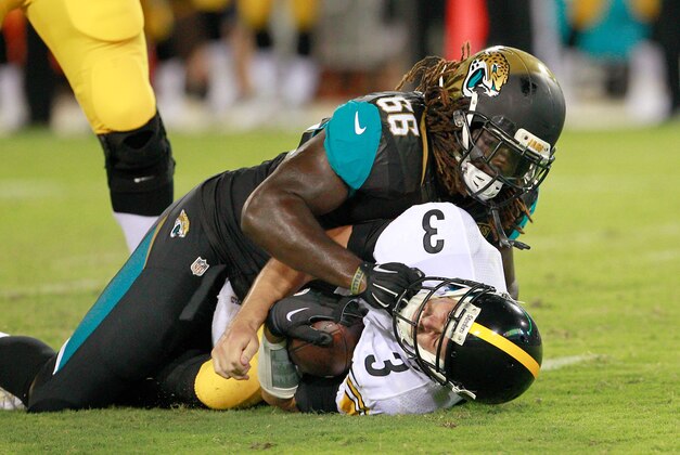 Aug 14, 2015; Jacksonville, FL, USA; Jacksonville Jaguars defensive end Nordly Capi (66) sacks Pittsburgh Steelers quarterback Landry Jones (3) during the first half of a preseason NFL football game at EverBank Field. Mandatory Credit: Reinhold Matay-USA TODAY Sports