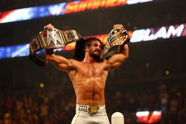 NEW YORK, NY - AUGUST 23:  Seth Rollins celebrates his victory over John Cena at the WWE SummerSlam 2015 at Barclays Center of Brooklyn on August 23, 2015 in New York City.  (Photo by JP Yim/Getty Images)