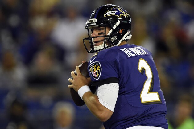 Aug 29, 2015; Baltimore, MD, USA; Baltimore Ravens quarterback Bryn Renner (2) drops back to pass during the third quarter against the Washington Redskins at M&T Bank Stadium. Mandatory Credit: Tommy Gilligan-USA TODAY Sports
