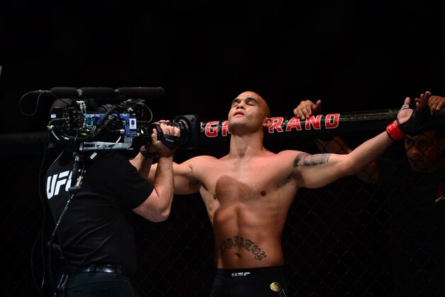 Jul 11, 2015; Las Vegas, NV, USA; Robbie Lawler is introduced against Rory MacDonald (not pictured) for their welterweight title bout during UFC 189 at MGM Grand Garden Arena. Lawler won via fifth round TKO. Mandatory Credit: Joe Camporeale-USA TODAY Sports