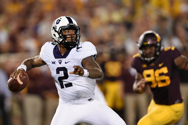 MINNEAPOLIS, MN - SEPTEMBER 3: Quarterback Trevone Boykin #2 of the TCU Horned Frogs looks to pass the ball under pressure from Steven Richardson #96 of the Minnesota Golden Gophers during the first quarter of the game on September 3, 2015 at TCF Bank Stadium in Minneapolis, Minnesota. (Photo by Hannah Foslien/Getty Images)