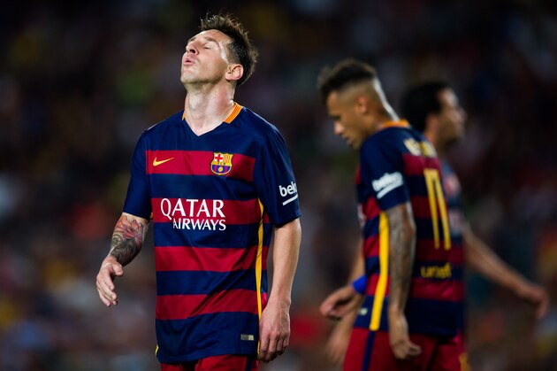 BARCELONA, SPAIN - AUGUST 29: Lionel Messi of FC Barcelona reacts during the La Liga match between FC Barcelona and Malaga CF at Camp Nou on August 29, 2015 in Barcelona, Spain. (Photo by Alex Caparros/Getty Images)