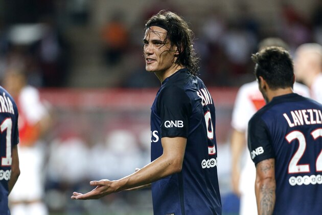 MONACO - AUGUST 30: Edinson Cavani of PSG celebrates a goal during the French Ligue 1 match between AS Monaco and Paris Saint-Germain at Stade Louis II on August 30, 2015 in Monaco. (Photo by Jean Catuffe/Getty Images)