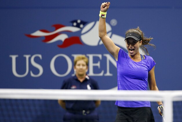 Sep 3, 2015; New York, NY, USA; Petra Cetkovska of the Czech Republic celebrates after her match against Caroline Wozniacki of Denmark (not pictured) on day four of the 2015 U.S. Open tennis tournament at USTA Billie Jean King National Tennis Center. Cetkovska won 6-4, 5-7, 7-6 (1). Mandatory Credit: Geoff Burke-USA TODAY Sports