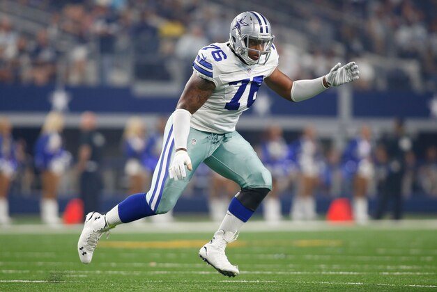 Aug 29, 2015; Arlington, TX, USA; Dallas Cowboys defensive end Greg Hardy (76) rushes the passer in the game against the Minnesota Vikings at AT&T Stadium. Minnesota won 28-14. Mandatory Credit: Tim Heitman-USA TODAY Sports