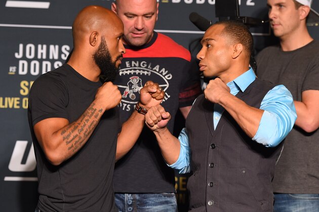 LAS VEGAS, NV - SEPTEMBER 03:  (L-R) Opponents Demetrious Johnson and John Dodson face off during the UFC 191 Ultimate Media Day at MGM Grand Hotel