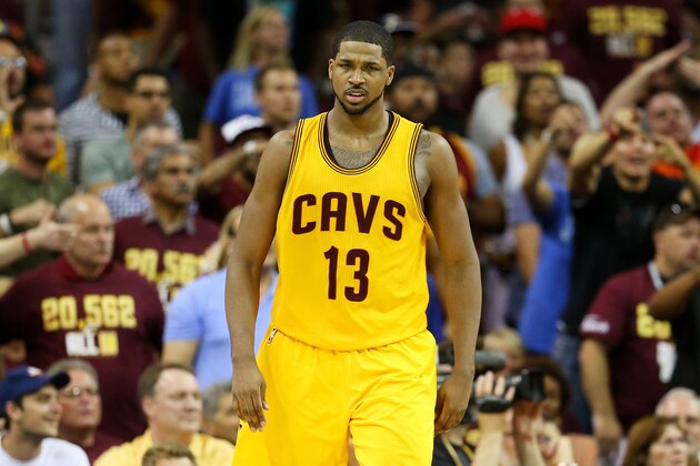 CLEVELAND, OH - JUNE 11:  Tristan Thompson #13 of the Cleveland Cavaliers reacts in the third quarter against the Golden State Warriors during Game Four of the 2015 NBA Finals at Quicken Loans Arena on June 11, 2015 in Cleveland, Ohio.  NOTE TO USER: User expressly acknowledges and agrees that, by downloading and or using this photograph, user is consenting to the terms and conditions of Getty Images License Agreement.  (Photo by Ronald Martinez/Getty Images)