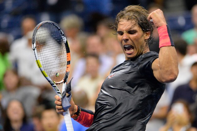 Aug 31, 2015; New York, NY, USA;  Rafael Nadal of Spain celebrates after beating Borna Coric of Croatia on day one of the 2015 US Open tennis tournament at USTA Billie Jean King National Tennis Center. Mandatory Credit: Robert Deutsch-USA TODAY Sports
