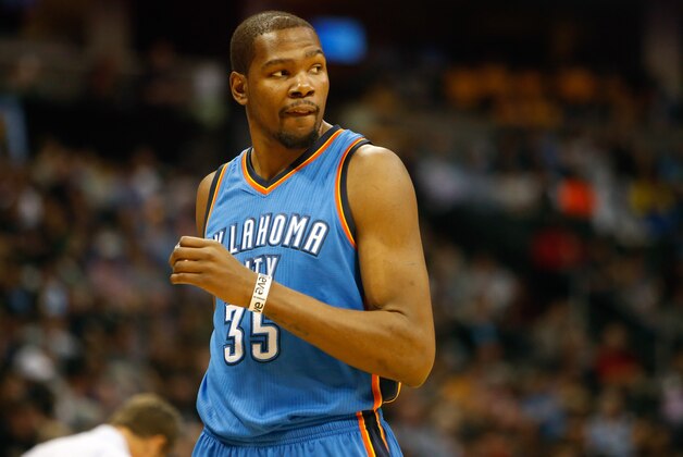 Feb 9, 2015; Denver, CO, USA; Oklahoma City Thunder forward Kevin Durant (35) during the game against the Denver Nuggets at Pepsi Center. Mandatory Credit: Chris Humphreys-USA TODAY Sports