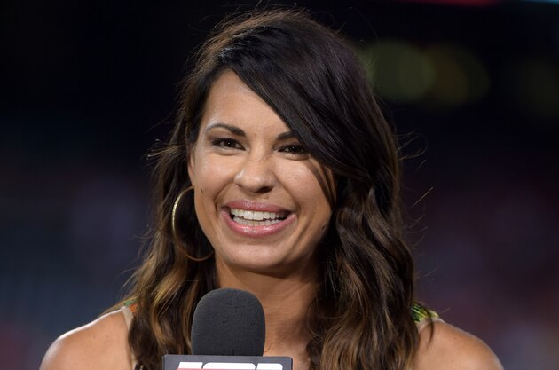 Sep 17, 2014; Anaheim, CA, USA; ESPN reporter Jessica Mendoza during the MLB game between the Seattle Mariners and the Los Angeles Angels at Angel Stadium of Anaheim. Mandatory Credit: Kirby Lee-USA TODAY Sports