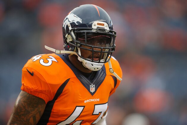 Jan 11, 2015; Denver, CO, USA; Denver Broncos strong safety T.J. Ward (43) in the 2014 AFC Divisional playoff football game against the Indianapolis Colts at Sports Authority Field at Mile High. Mandatory Credit: Chris Humphreys-USA TODAY Sports