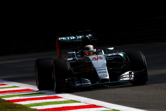 MONZA, ITALY - SEPTEMBER 04:  Lewis Hamilton of Great Britain and Mercedes GP drives during practice for the Formula One Grand Prix of Italy at Autodromo di Monza on September 4, 2015 in Monza, Italy.  (Photo by Dan Istitene/Getty Images)