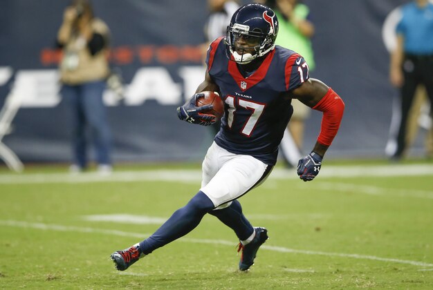 Aug 28, 2014; Houston, TX, USA; Houston Texans wide receiver Uzoma Nwachukwu (17) runs  during the game against the San Francisco 49ers at NRG Stadium. Mandatory Credit: Kevin Jairaj-USA TODAY Sports