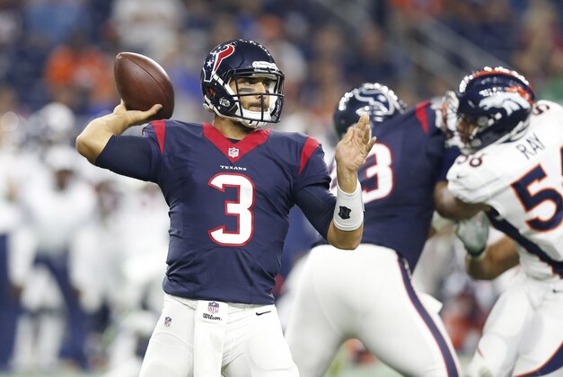 Aug 22, 2015; Houston, TX, USA; Houston Texans quarterback Tom Savage (3) throws in the pocket in the third quarter against the Denver Broncos at NRG Stadium. The Broncos beat the Texans 14-10. Mandatory Credit: Matthew Emmons-USA TODAY Sports