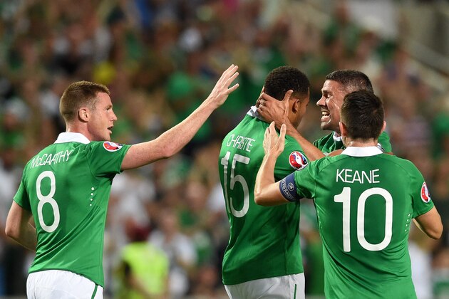 Ireland's defender Cyrus Christie (2ndL) celebrates after scoring the opening goal during the Euro 2016 qualifying football match Gibraltar vs Republic of Ireland at the Algarve stadium in Faro on September 4, 2015.   AFP PHOTO/ FRANCISCO LEONG        (Photo credit should read FRANCISCO LEONG/AFP/Getty Images)
