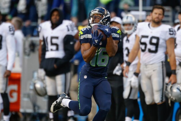 SEATTLE, WA - SEPTEMBER 03:  Wide receiver Tyler Lockett #16 of the Seattle Seahawks makes a catch for a 63 yard touchdown in the first quarter against the Oakland Raiders at CenturyLink Field on September 3, 2015 in Seattle, Washington.  (Photo by Otto Greule Jr/Getty Images)