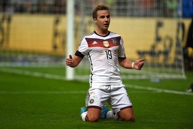 Germany's striker Mario Goetze celebrates scoring during the Euro 2016 qualifying football match between Germany and Poland in Frankfurt am Main, central Germany, on September 4, 2015.   AFP PHOTO / PATRIK STOLLARZ        (Photo credit should read PATRIK STOLLARZ/AFP/Getty Images)