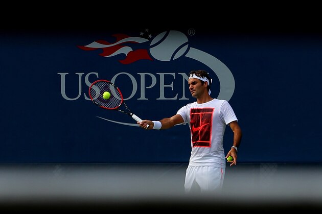 NEW YORK, NY - SEPTEMBER 04:  Roger Federer of Switzerland returns a shot during a practice session on Day Five of the 2015 U.S. Open at the USTA Billie Jean King National Tennis Center on September 3, 2015 in New York City.  (Photo by Mike Stobe/Getty Images for the USTA)