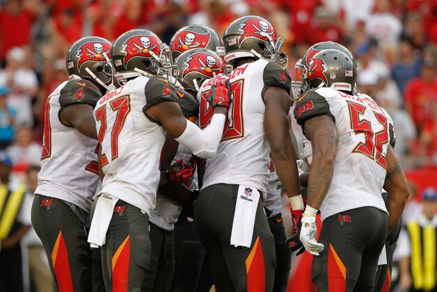 Sep 7, 2014; Tampa, FL, USA; Tampa Bay Buccaneers defense huddles up against the Carolina Panthers during the second half at Raymond James Stadium. Carolina Panthers defeated the Tampa Bay Buccaneers 20-14. Mandatory Credit: Kim Klement-USA TODAY Sports