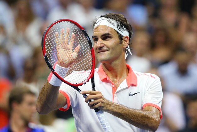 Sep 3, 2015; New York, NY, USA; Roger Federer of Switzerland celebrates after defeating Steve Darcis of Belgium on day four of the 2015 U.S. Open tennis tournament at USTA Billie Jean King National Tennis Center. Mandatory Credit: Jerry Lai-USA TODAY Sports