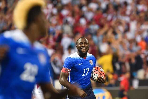 Jozy Altidore (R) of the US celebrates with teammate Gyasi Zardes (L) after scoring his second goal against Peru during an international friendly football match at RFK Stadium in Washington, DC, on September 4, 2015.   AFP PHOTO/NICHOLAS KAMM        (Photo credit should read NICHOLAS KAMM/AFP/Getty Images)