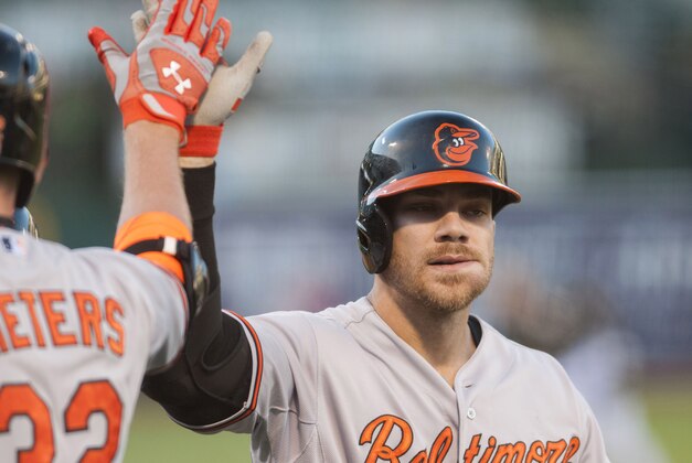 Aug 3, 2015; Oakland, CA, USA; Baltimore Orioles first baseman Chris Davis (19) celebrates with catcher Matt Wieters (32) after hitting a home run against the Oakland Athletics during the first inning at O.co Coliseum. Mandatory Credit: Ed Szczepanski-USA TODAY Sports