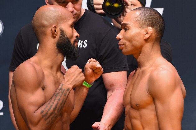 LAS VEGAS, NV - SEPTEMBER 04:  (L-R) UFC flyweight champion Demetrious Johnson and John Dodson face off during the UFC 191 weigh-in inside MGM Grand Garden Arena on September 4, 2015 in Las Vegas, Nevada.  (Photo by Josh Hedges/Zuffa LLC/Zuffa LLC via Getty Images)