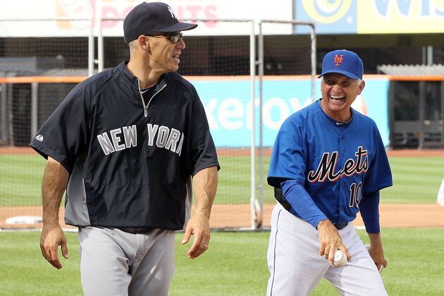 NEW YORK, NY - JULY 01:  (NEW YORK DAILIES OUT)  Managers Joe Girardi of the New York Yankees and Terry Collins of the New York Mets before their game at Citi Field on July 1, 2011 in the Flushing neighborhood of the Queens borough of New York City. The Yankees defeated the Mets 5-1.  (Photo by Jim McIsaac/Getty Images)