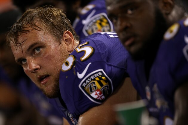 BALTIMORE, MD - AUGUST 29: Center Nick Easton #65 of the Baltimore Ravens looks on in the fourth quarter of a preseason game against the Washington Redskins at M&T Bank Stadium on August 29, 2015 in Baltimore, Maryland.  (Photo by Matt Hazlett/ Getty Images)