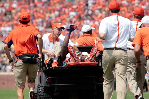 CLEMSON, SC - SEPTEMBER 5: Mike Williams #7 of the Clemson Tigers waves to the fans after being injured on a play during the game against the Wofford Terriers at Clemson Memorial Stadium on September 5, 2015 in Clemson, South Carolina. (Photo by Tyler Smith/Getty Images)
