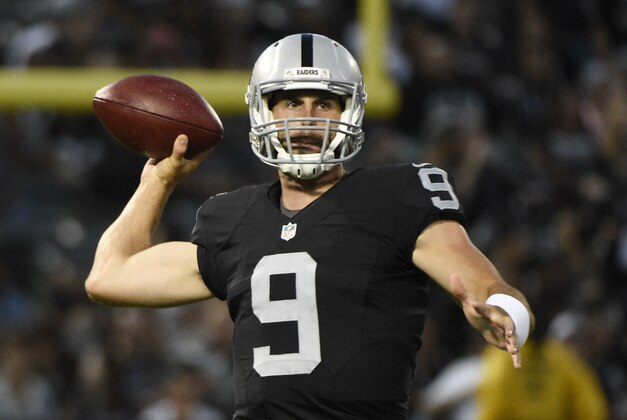 August 14, 2015; Oakland, CA, USA; Oakland Raiders quarterback Christian Ponder (9) passes the football against the St. Louis Rams during the second quarter in a preseason NFL football game at O.co Coliseum. Mandatory Credit: Kyle Terada-USA TODAY Sports