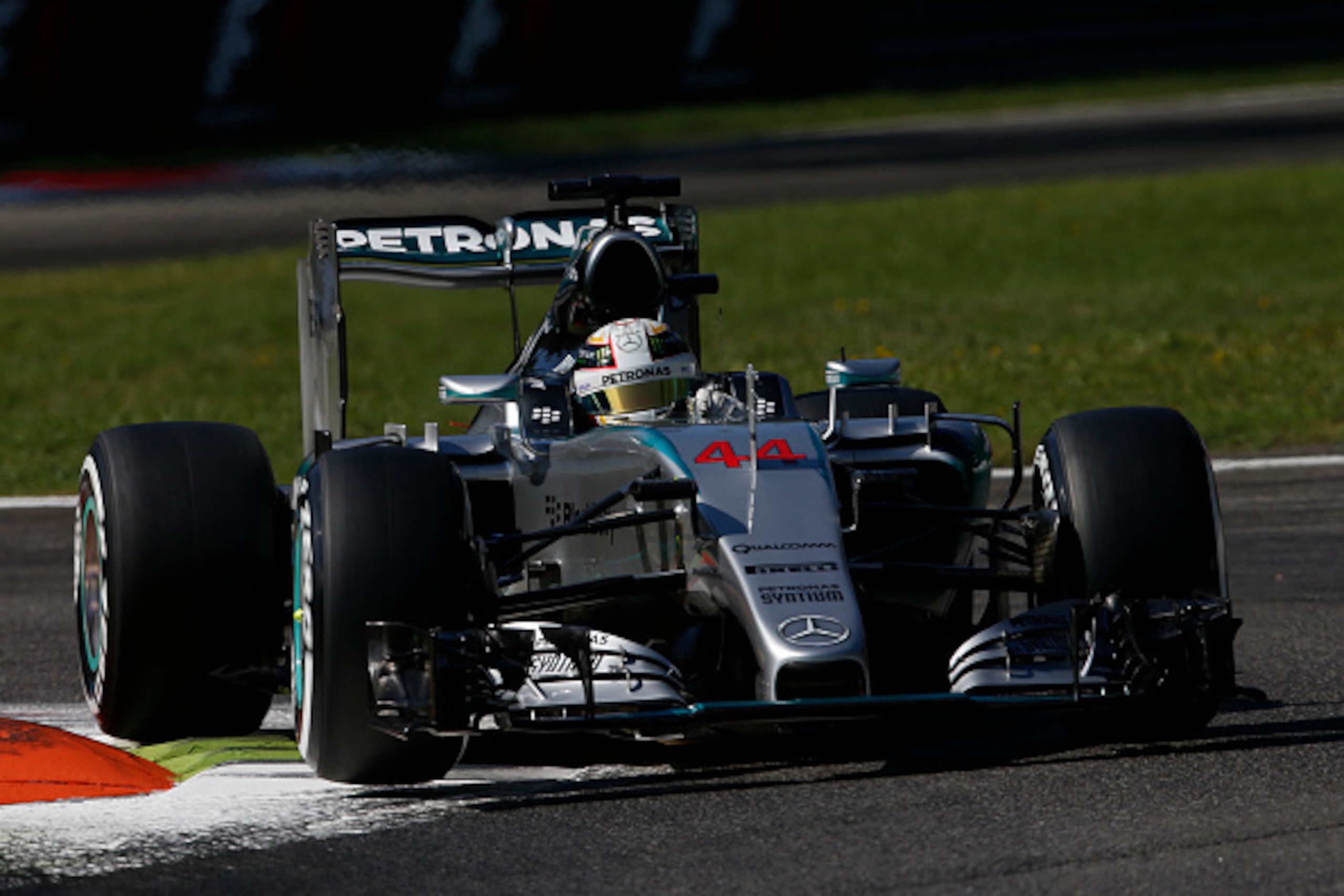 MONZA, ITALY - SEPTEMBER 05:  Lewis Hamilton of Great Britain and Mercedes GP drives during final practice for the Formula One Grand Prix of Italy at Autodromo di Monza on September 5, 2015 in Monza, Italy.  (Photo by Charles Coates/Getty Images)