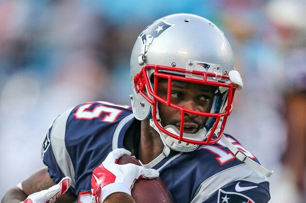 Aug 28, 2015; Charlotte, NC, USA; New England Patriots wide receiver Reggie Wayne (15) makes a catch during pre game at Bank of America Stadium. Mandatory Credit: Jim Dedmon-USA TODAY Sports