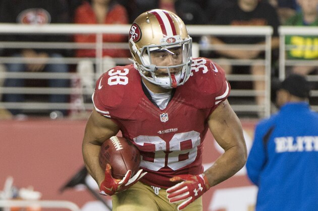 September 3, 2015; Santa Clara, CA, USA; San Francisco 49ers running back Jarryd Hayne (38) runs with the football during the fourth quarter in a preseason game against the San Diego Chargers at Levi's Stadium. The 49ers defeated the Chargers 14-12.  Mandatory Credit: Kyle Terada-USA TODAY Sports