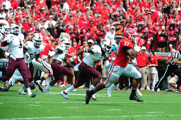 ATHENS, GA - SEPTEMBER 5: Nick Chubb #27 of the Georgia Bulldogs carries the ball for a first quarter touchdown against Louisiana Monroe Warhawks on September 5, 2015 in Atlanta, Georgia. Photo by Scott Cunningham/Getty Images)