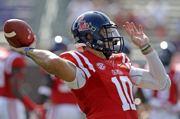 OXFORD MS -SEPTEMBER 5:  Quarterback Chad Kelly #10 of the Mississippi Rebels warms up before a NCAA college football game against the Tennessee Martin Skyhawks at Vaught-Hemingway Stadium on September 5, 2015 in Oxford, Mississippi. (Photo by Butch Dill/Getty Images)