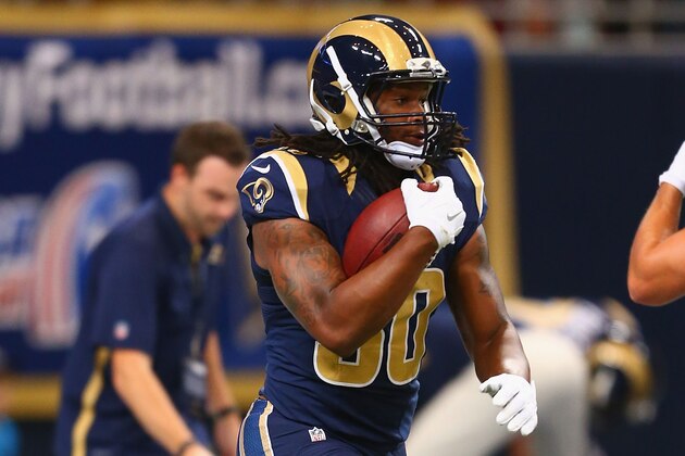 ST. LOUIS, MO - AUGUST 29: Todd Gurley #30 of the St. Louis Rams carries the ball during warm ups prior to playing against the Indianapolis Colts in a preseason game at the Edward Jones Dome on August 29, 2014 in St. Louis, Missouri.  (Photo by Dilip Vishwanat/Getty Images)